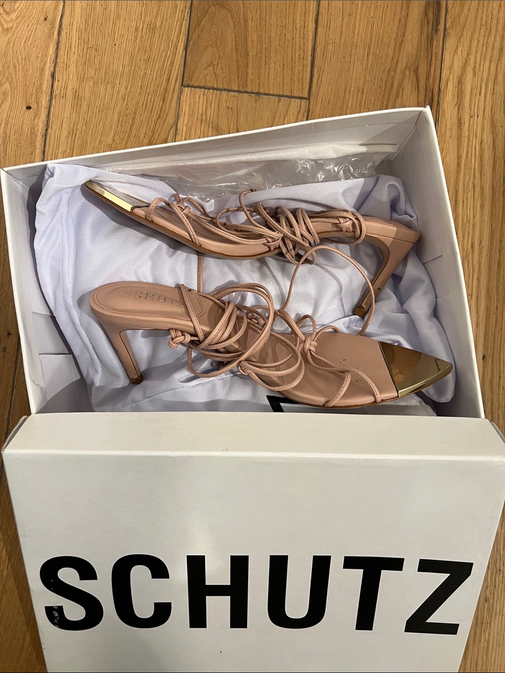 SCHUTZ Blush Pink Lace-Up Heeled Sandals with Gold Toe Cap